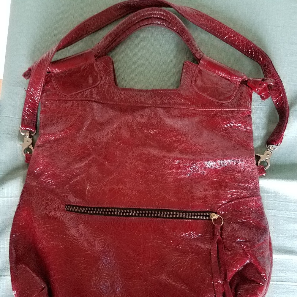 Foley + Corinna red distressed patent City Tote